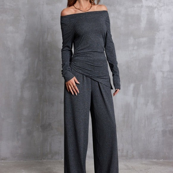 Long Sleeve T-shirt Elastic Waist Wide Leg Pants Two-piece Suit For Women