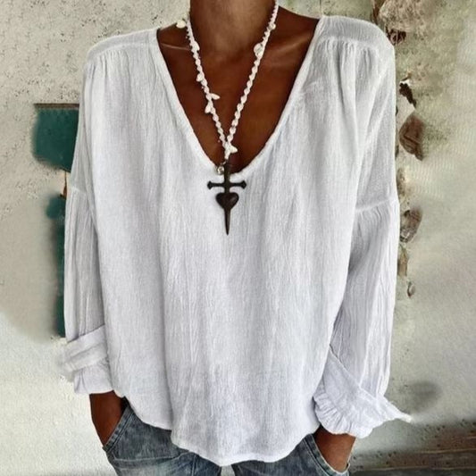 Solid Color And V-neck Long-sleeved Exquisite Linen T-shirt Shirt