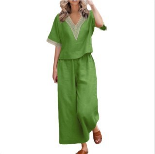 Casual Plus Size Loose Cotton And Linen V-neck Cropped Pants Two-piece Suit