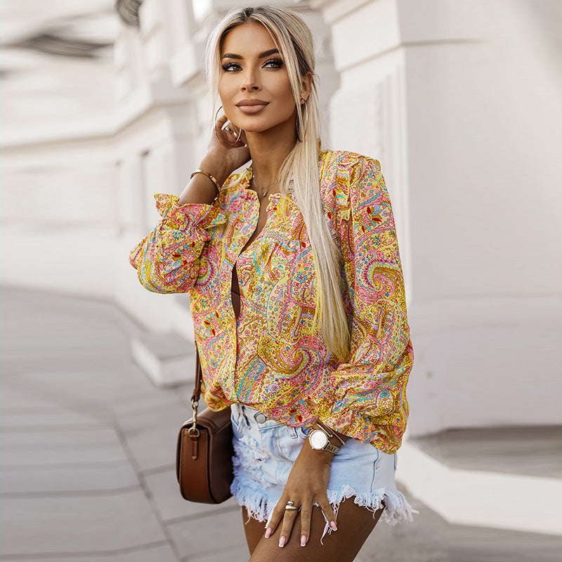 Women's Thin Bohemian Style Printed Ruffles V-neck Long Sleeve Shirt