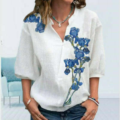 Printed V-neck Mid Sleeved Casual Loose Fitting Shirt