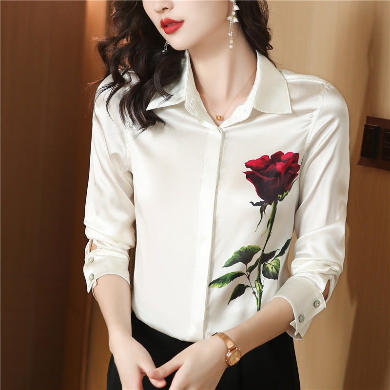 Women's Stretch Satin Rose Long Sleeve Shirt