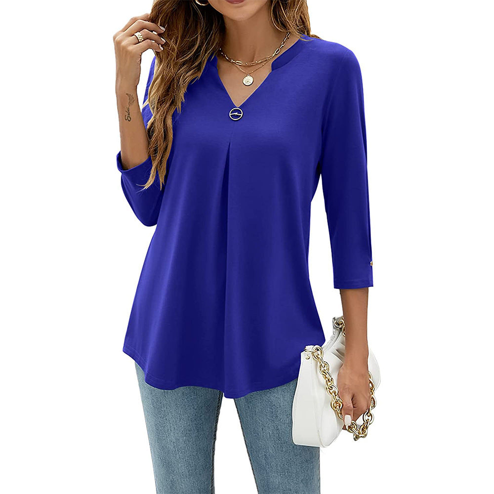 Women's V-neck Clinch Pleated T-shirt Top