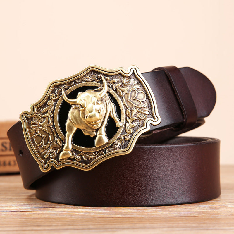 Cow Head Copper Buckle Belt Cowhide Smooth Buckle Belt