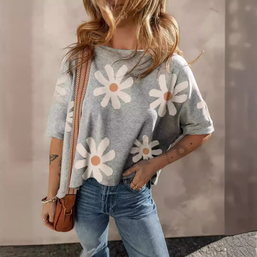 Female Chrysanthemum Printed Casual Short Sleeves