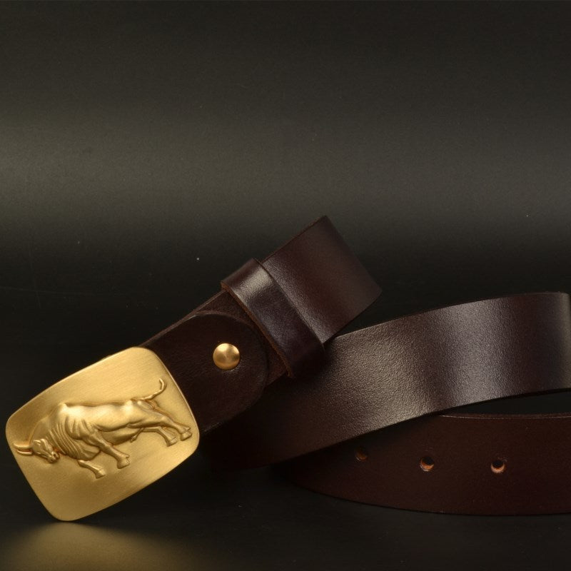 Top Layer Cowhide Vegetable Tanned Leather Belt Double-Sided Dyed Men'S Formal Dress Solid Pure Brass Smooth Buckle Belt