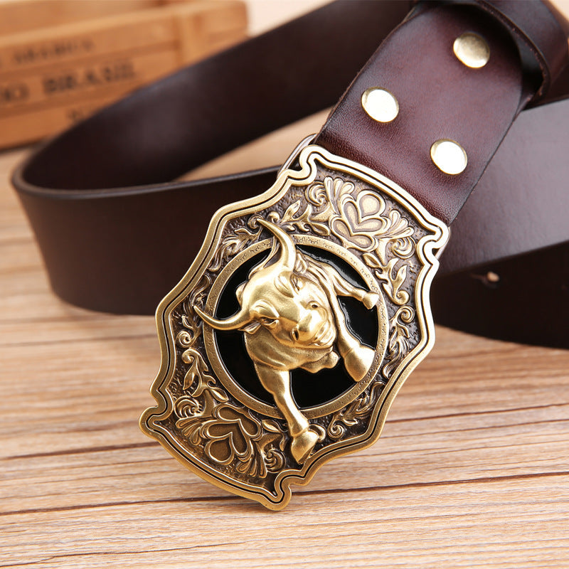 Cow Head Copper Buckle Belt Cowhide Smooth Buckle Belt