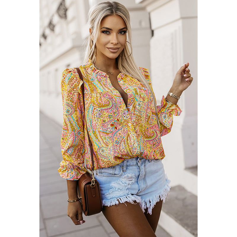 Women's Thin Bohemian Style Printed Ruffles V-neck Long Sleeve Shirt