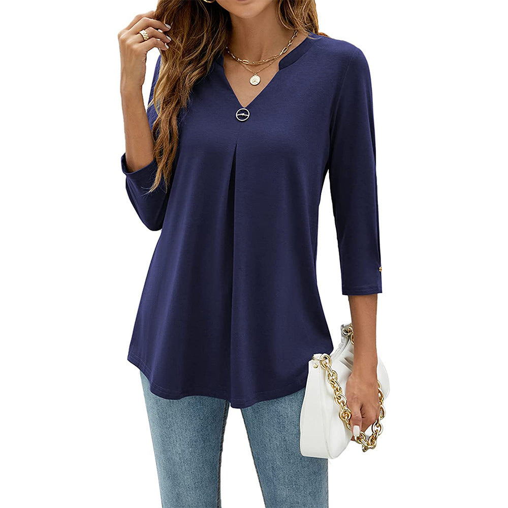 Women's V-neck Clinch Pleated T-shirt Top