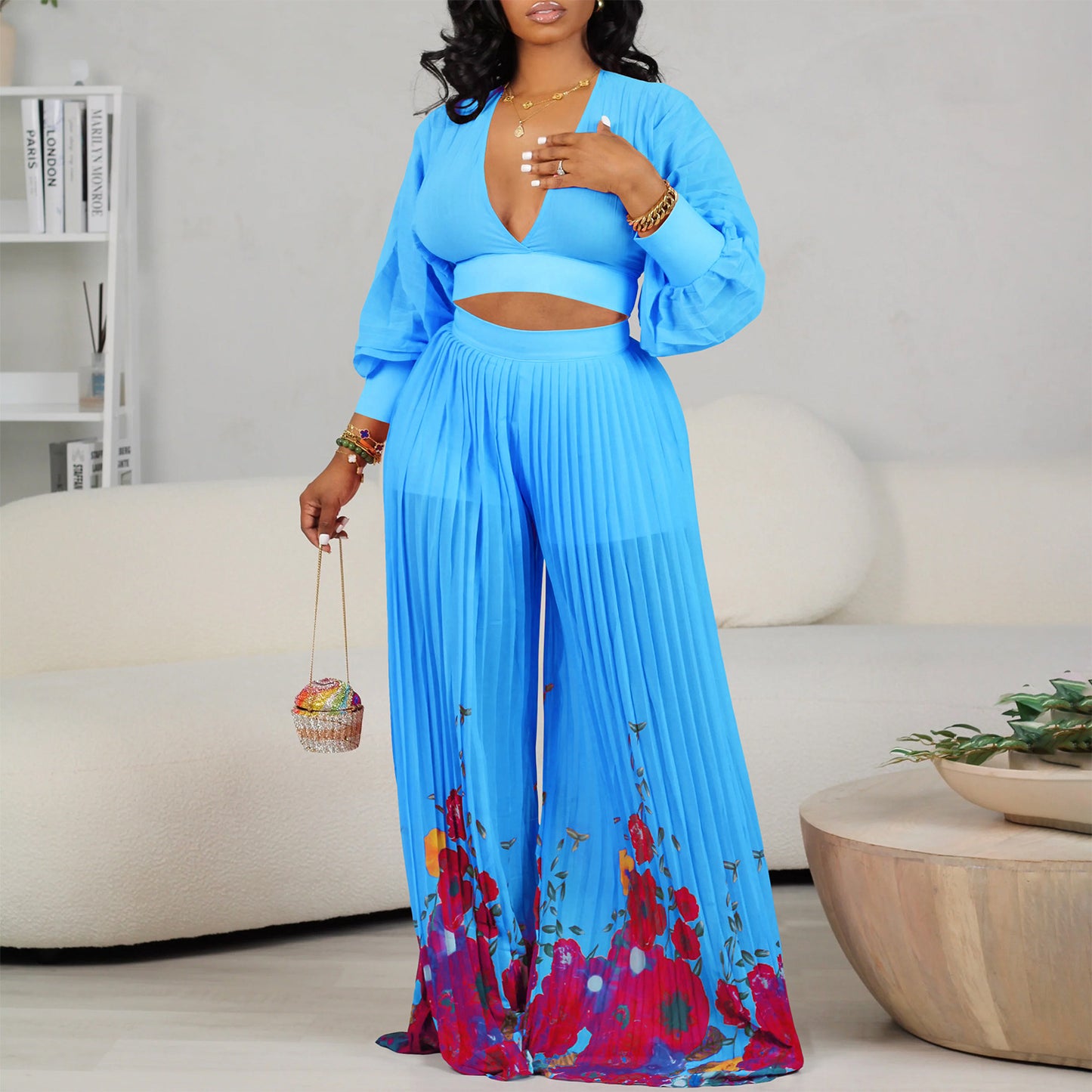 V-neck Chiffon Bishop Sleeves Top Pleated Wide-leg Pants Two-piece Set