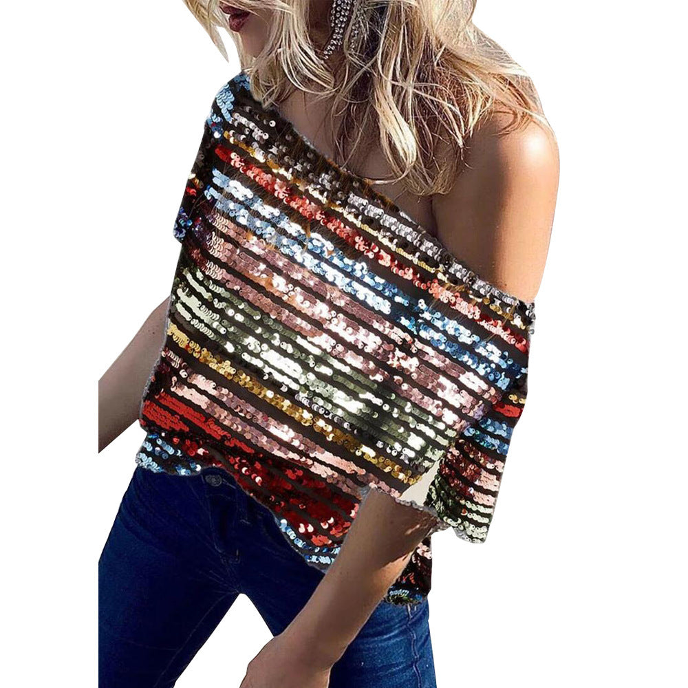 Lady Sexy Oblique Shoulder Color Sequined Top