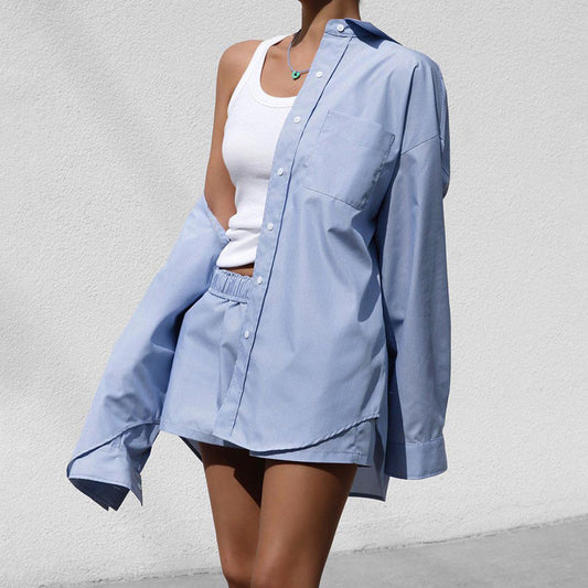 Fashion Comfortable Loose Long Sleeve Shirt Shorts Suit