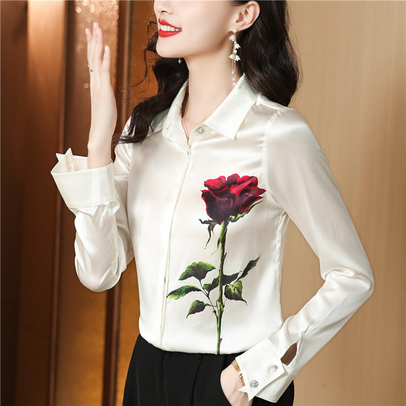 Women's Stretch Satin Rose Long Sleeve Shirt