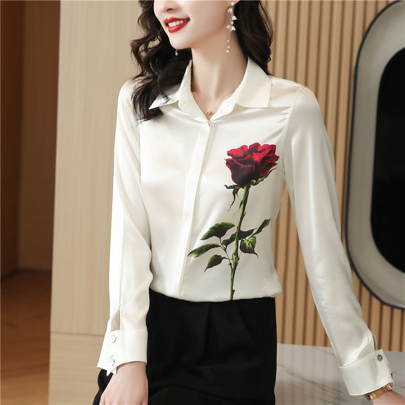 Women's Stretch Satin Rose Long Sleeve Shirt