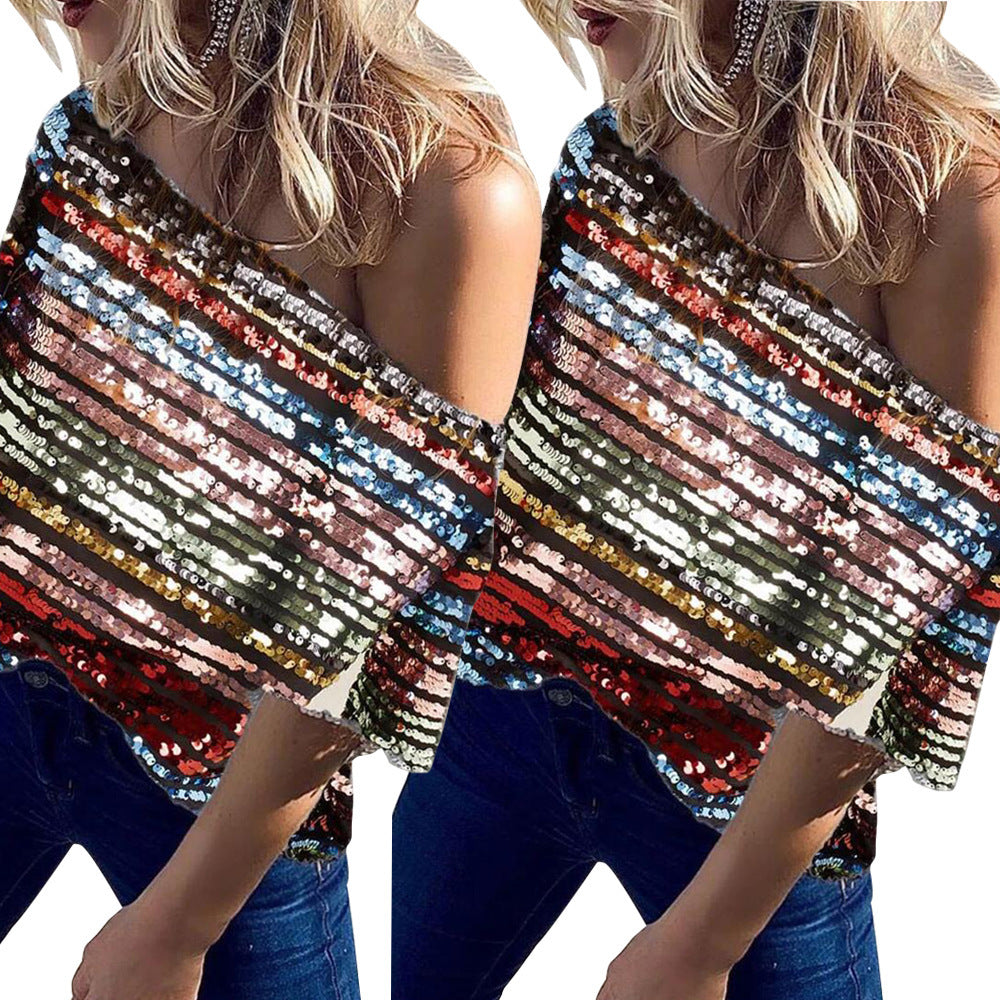 Lady Sexy Oblique Shoulder Color Sequined Top