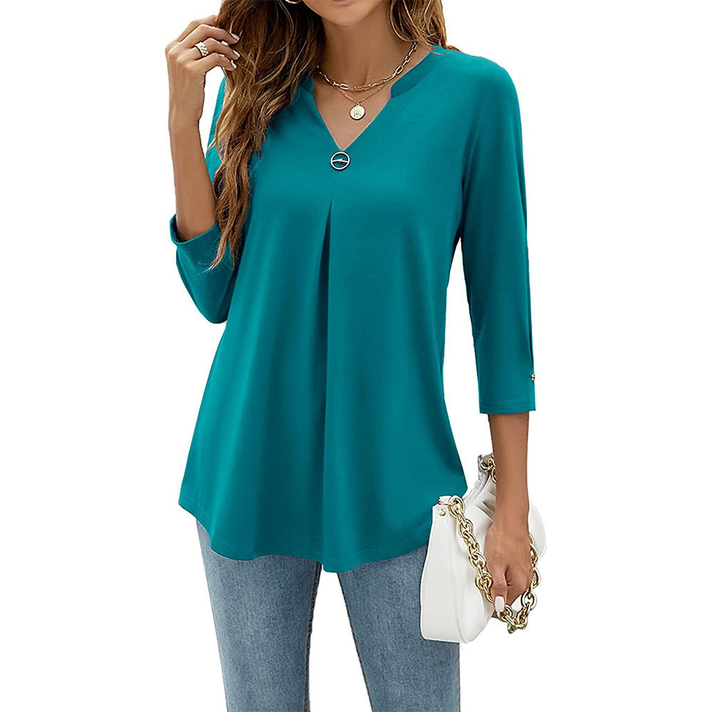 Women's V-neck Clinch Pleated T-shirt Top