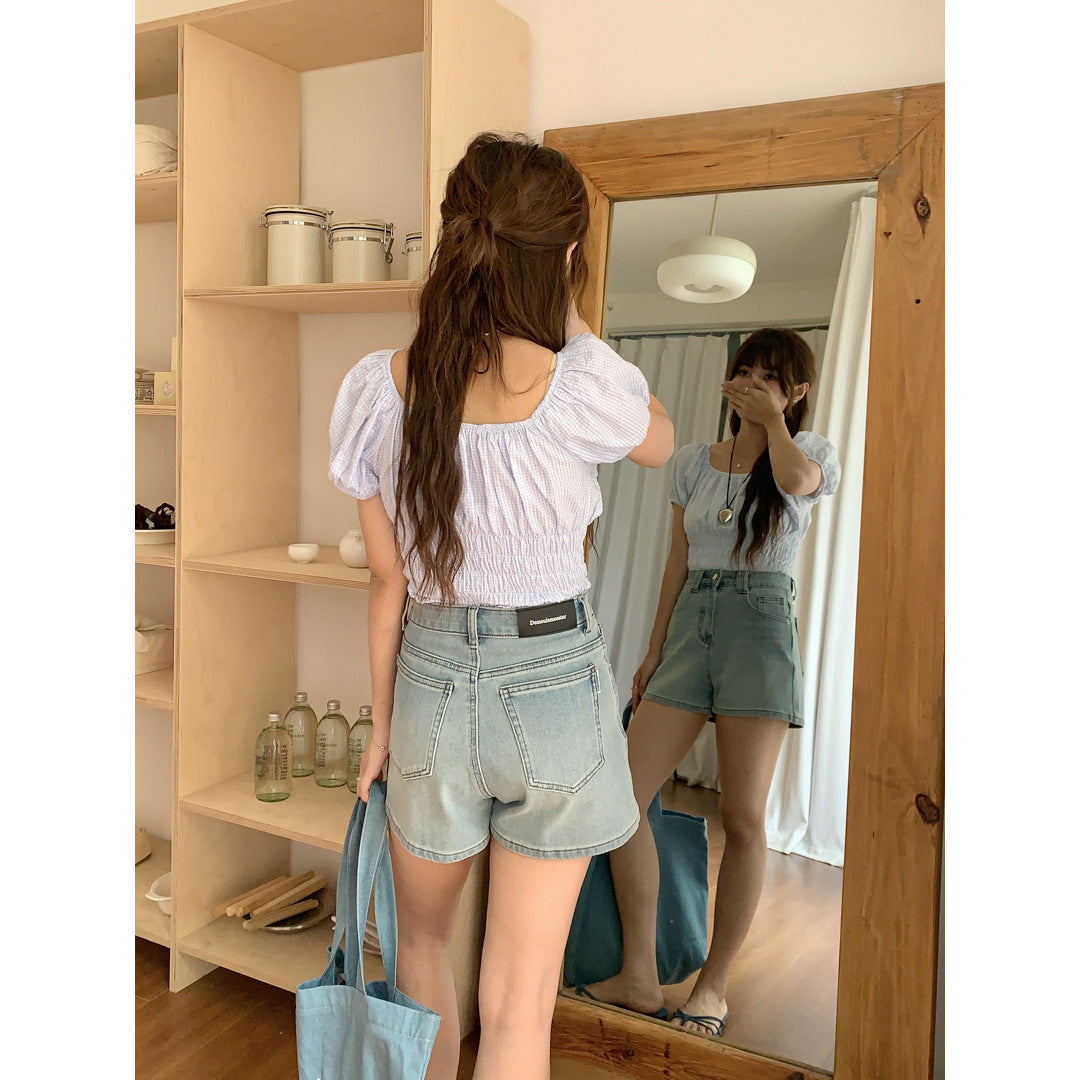 Women's Four Sided Elastic Light Colored High Waisted Denim Shorts