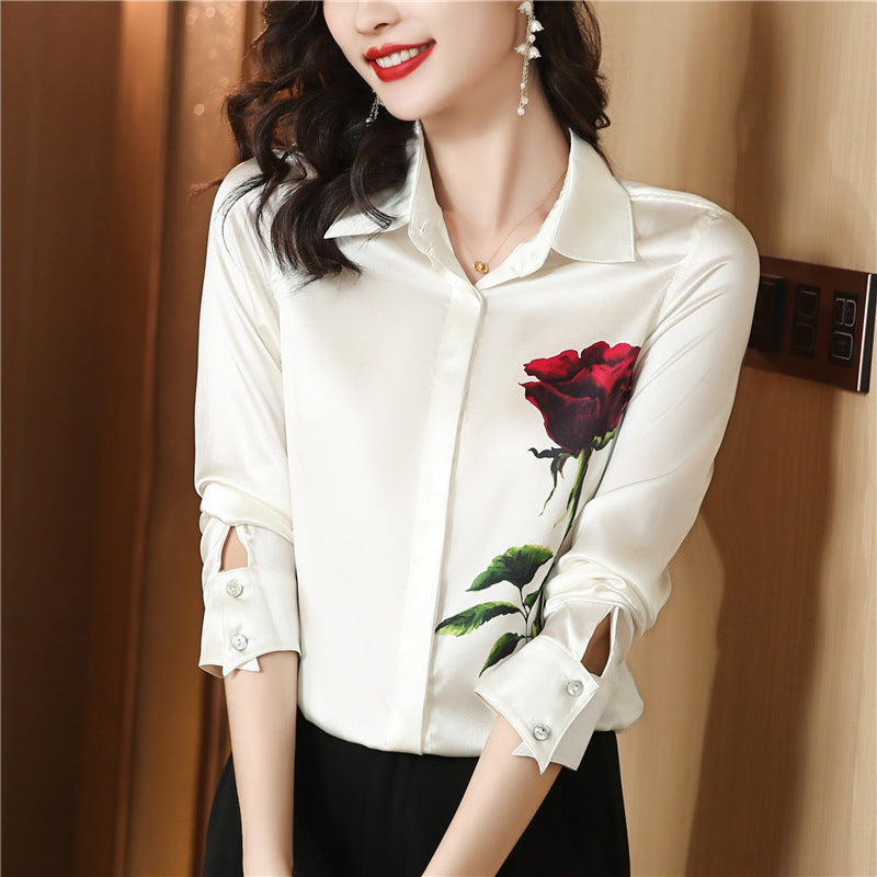 Women's Stretch Satin Rose Long Sleeve Shirt