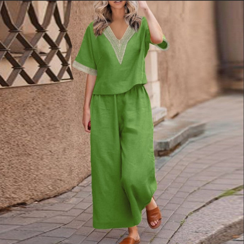 Casual Plus Size Loose Cotton And Linen V-neck Cropped Pants Two-piece Suit