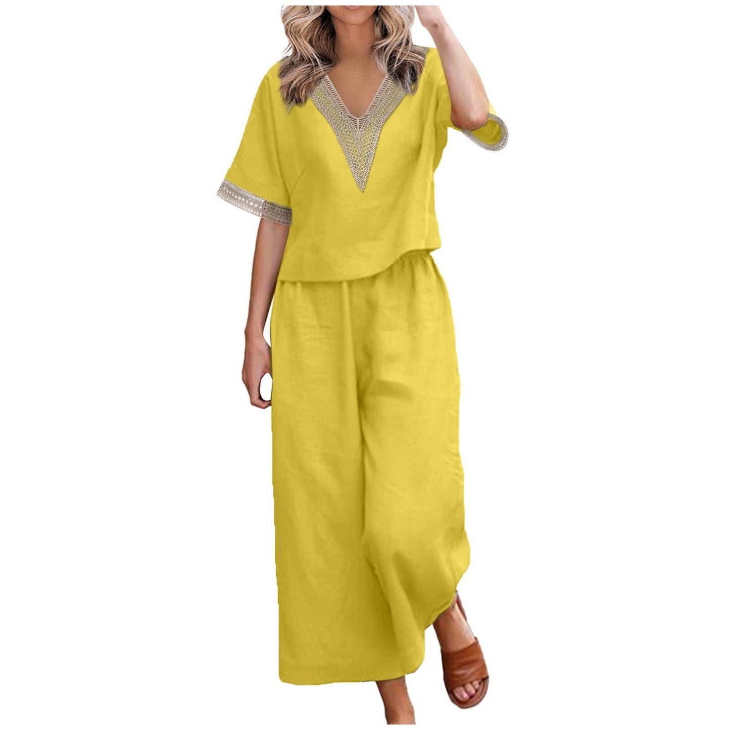 Casual Plus Size Loose Cotton And Linen V-neck Cropped Pants Two-piece Suit