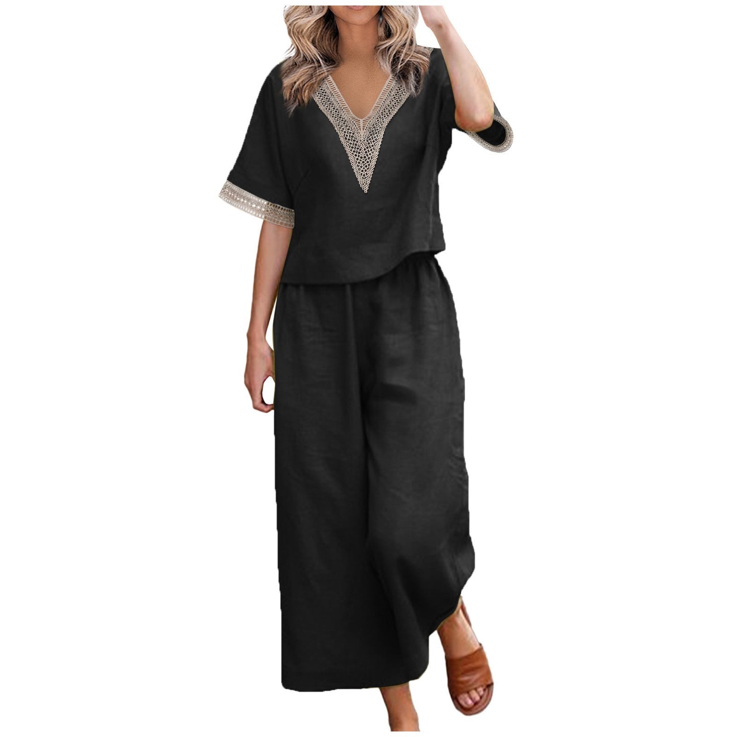 Casual Plus Size Loose Cotton And Linen V-neck Cropped Pants Two-piece Suit