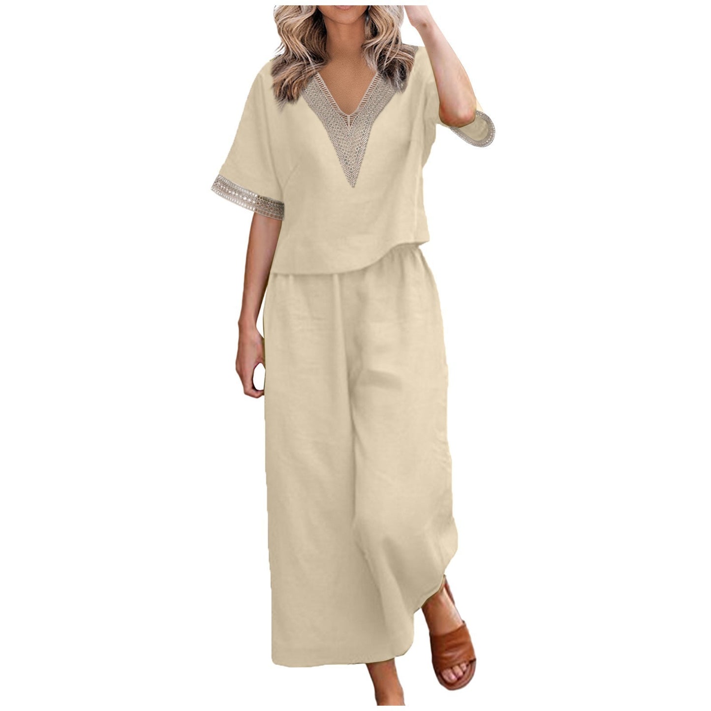 Casual Plus Size Loose Cotton And Linen V-neck Cropped Pants Two-piece Suit