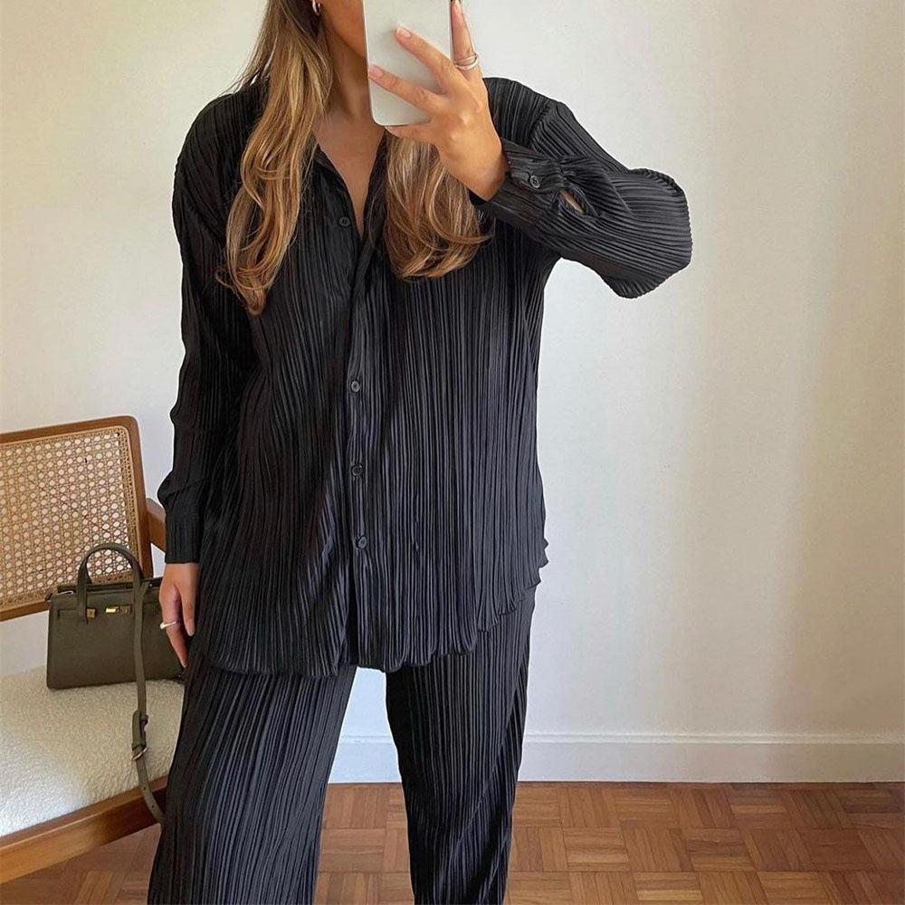 Pleated Design Shirt Outfit Straight-leg Trousers Loose Drooping Two-piece Set