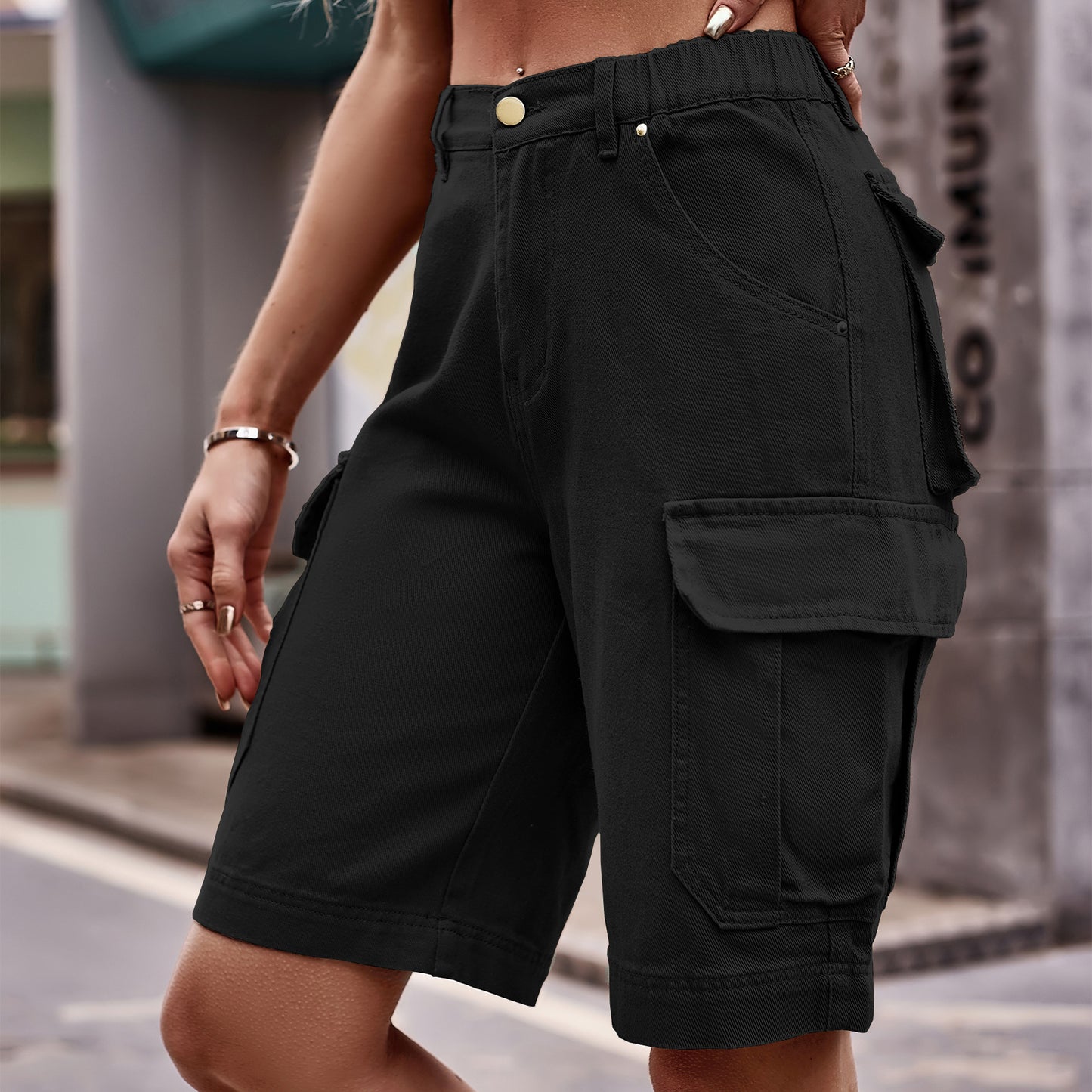 Summer Women's Elastic Waist Denim Cargo Pants Shorts