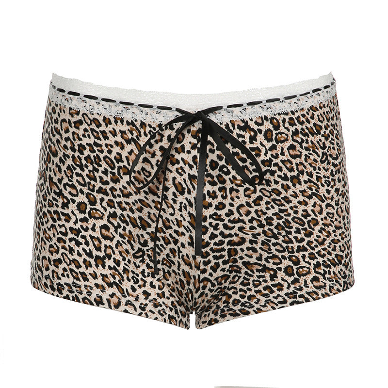European And American Leopard Print Lace Stitching Lace Casual Shorts Low Waist Lace-up Bow Slim Fit