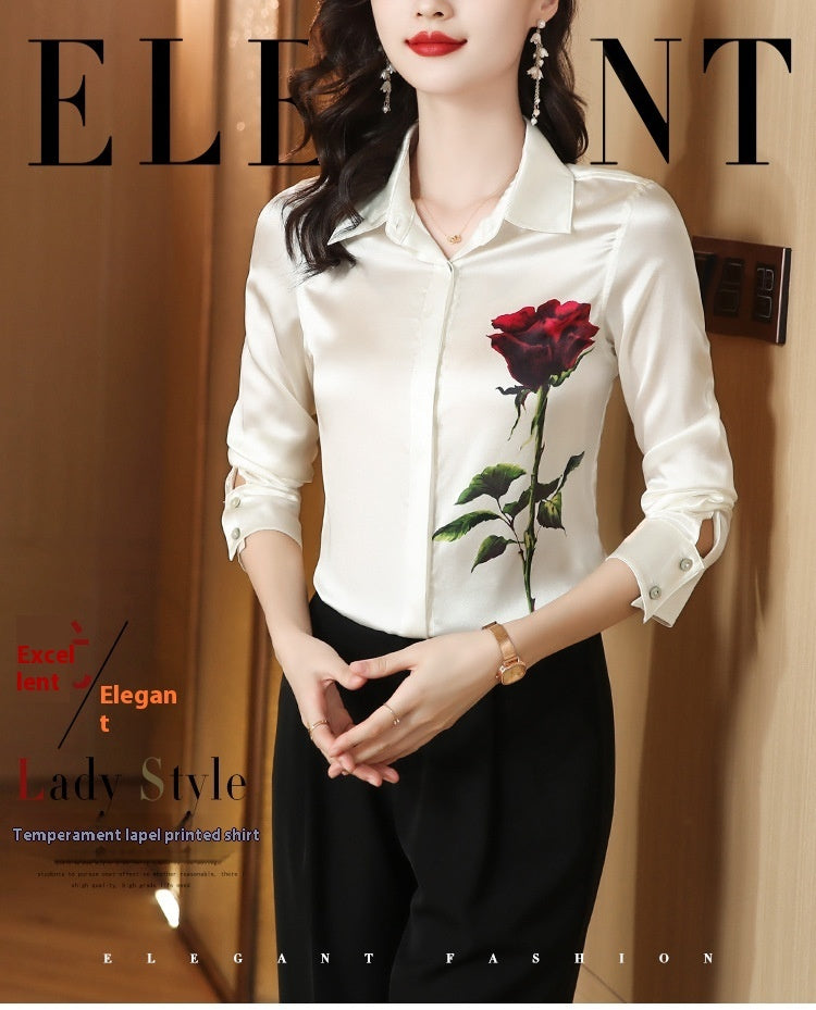 Women's Stretch Satin Rose Long Sleeve Shirt