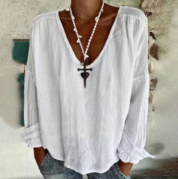 Solid Color And V-neck Long-sleeved Exquisite Linen T-shirt Shirt