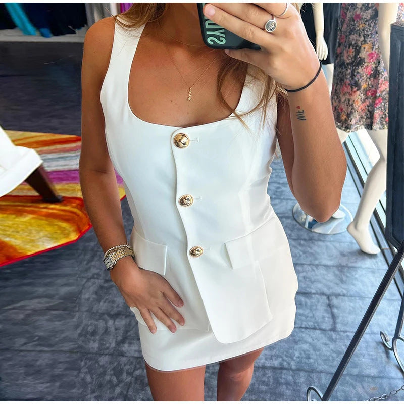 Single-breasted Square Collar Sleeveless Top Slim Fit Sheath Sexy Fashion Two-piece Suit