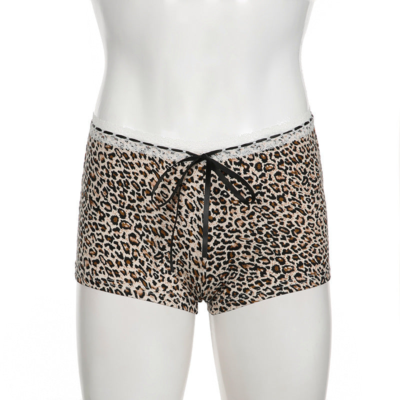 European And American Leopard Print Lace Stitching Lace Casual Shorts Low Waist Lace-up Bow Slim Fit