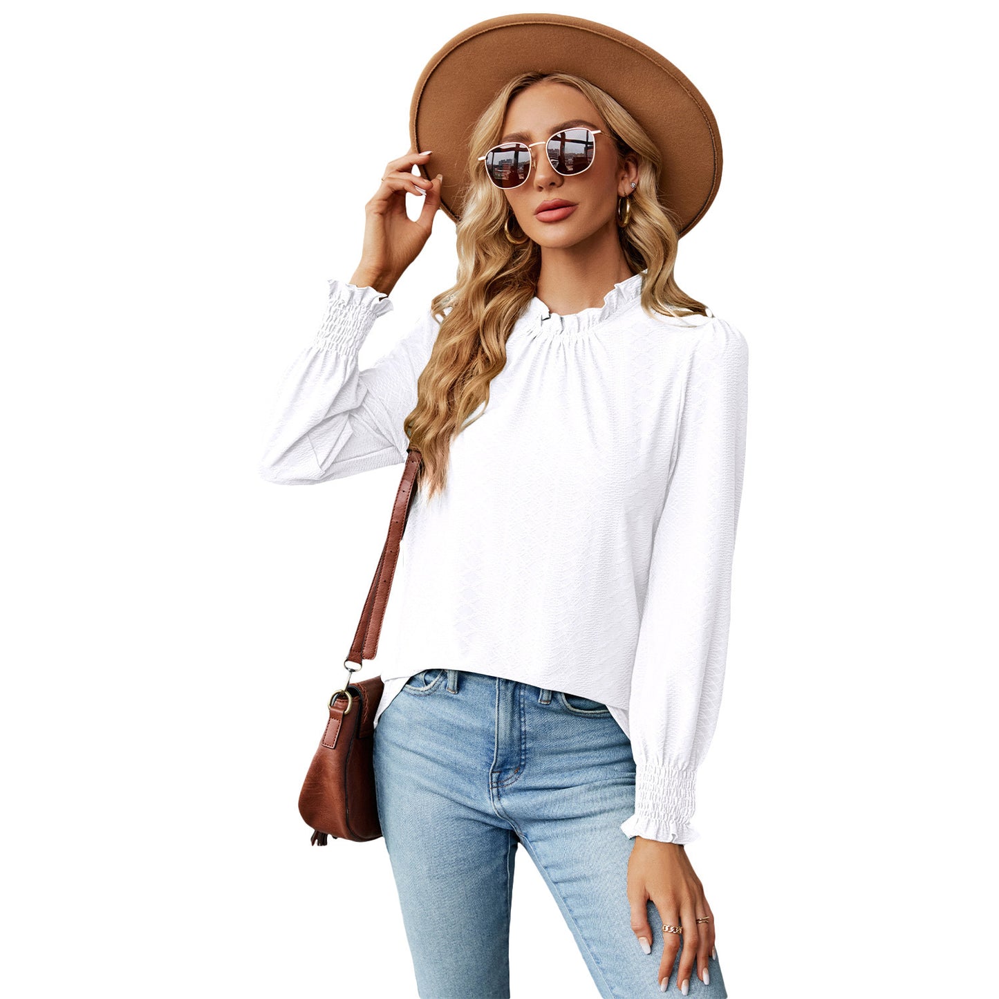 Women's Lace Collar Lantern Sleeve Loose Pleated T-shirt