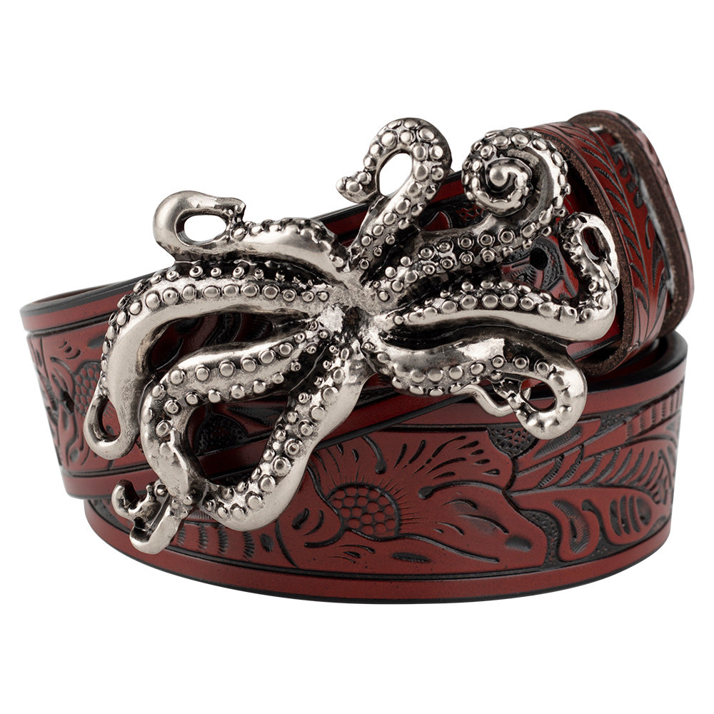 Animal Octopus Smooth Buckle Tang Grass Embossed Leisure Belt