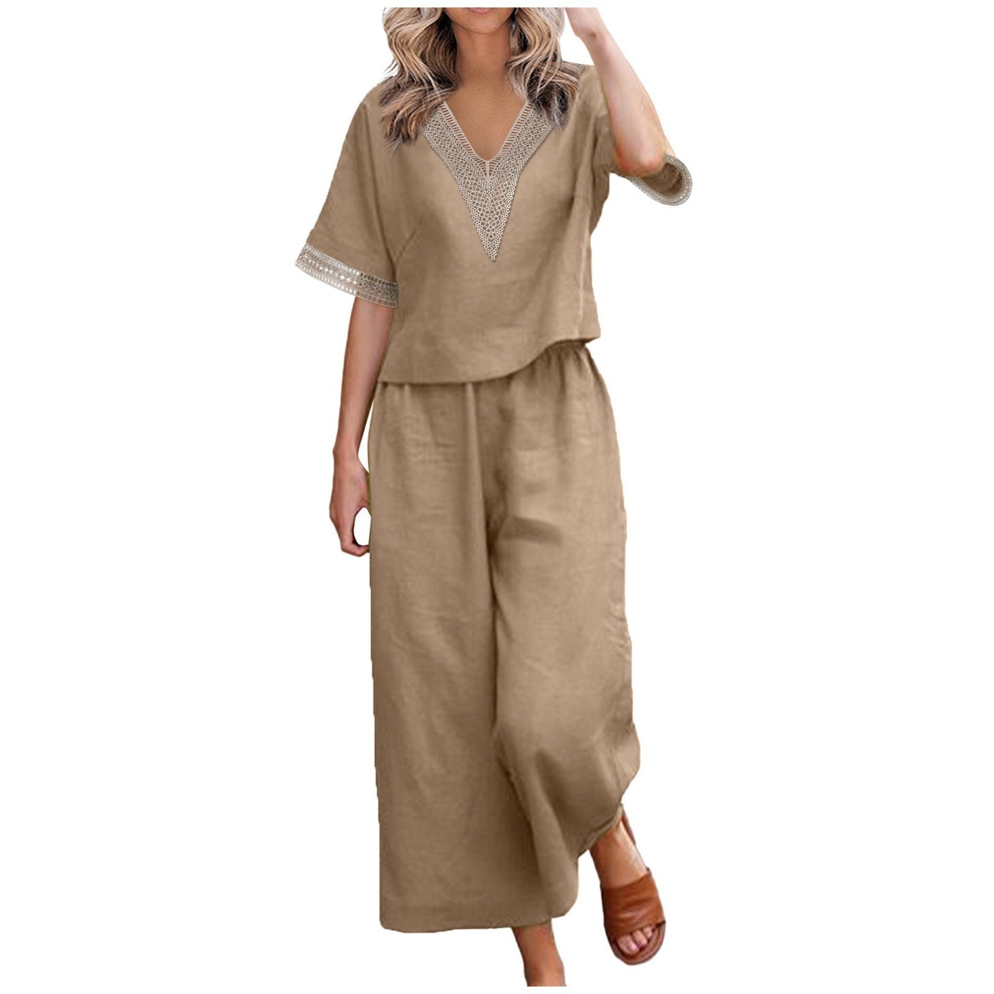 Casual Plus Size Loose Cotton And Linen V-neck Cropped Pants Two-piece Suit