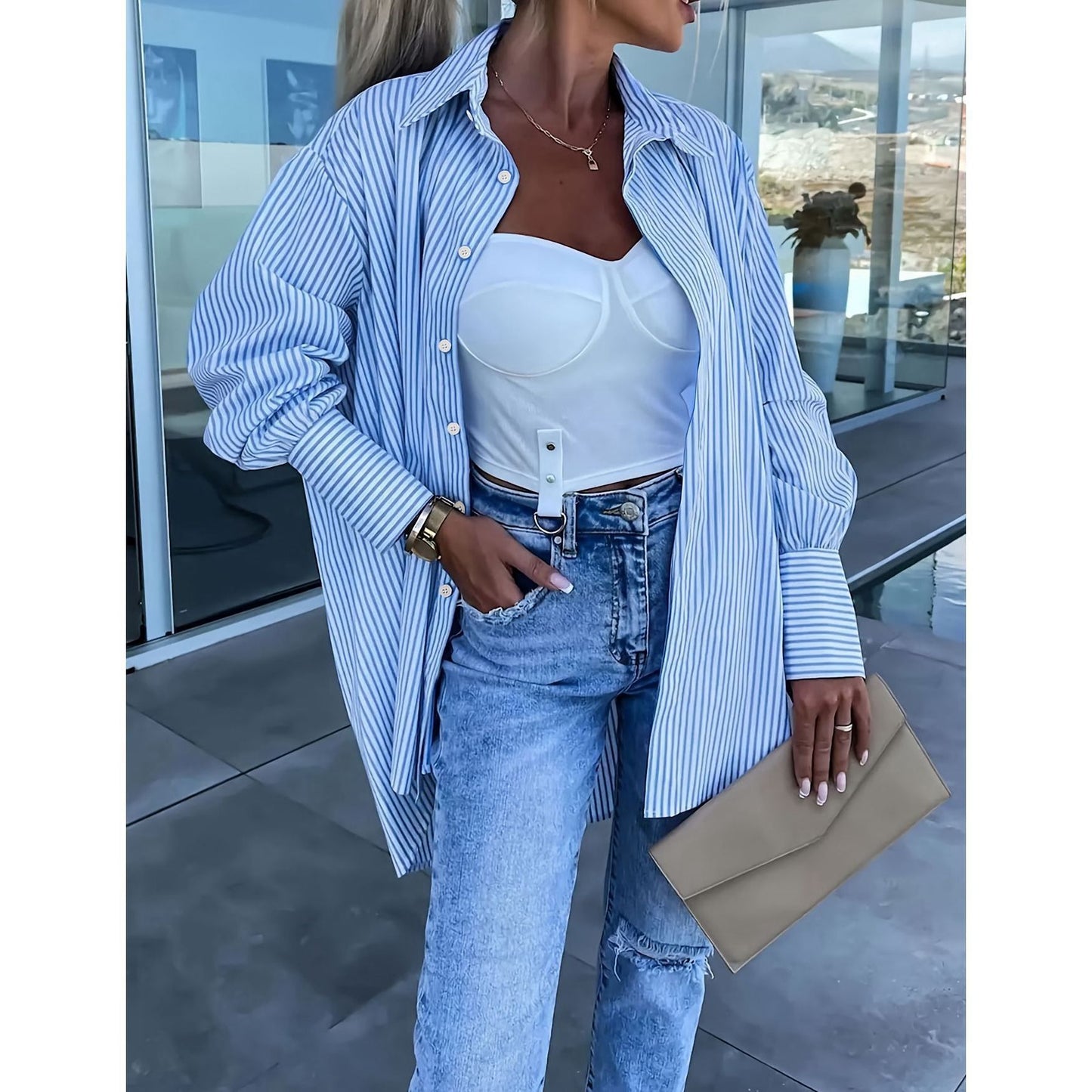 Lapel Comfort And Casual Loose All-match Plus Size Striped Shirt