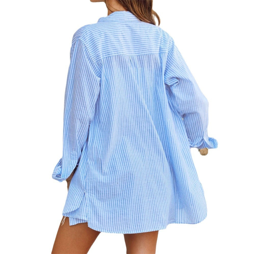 Women's Casual Long-sleeved Shirt And Shorts Two-piece Set