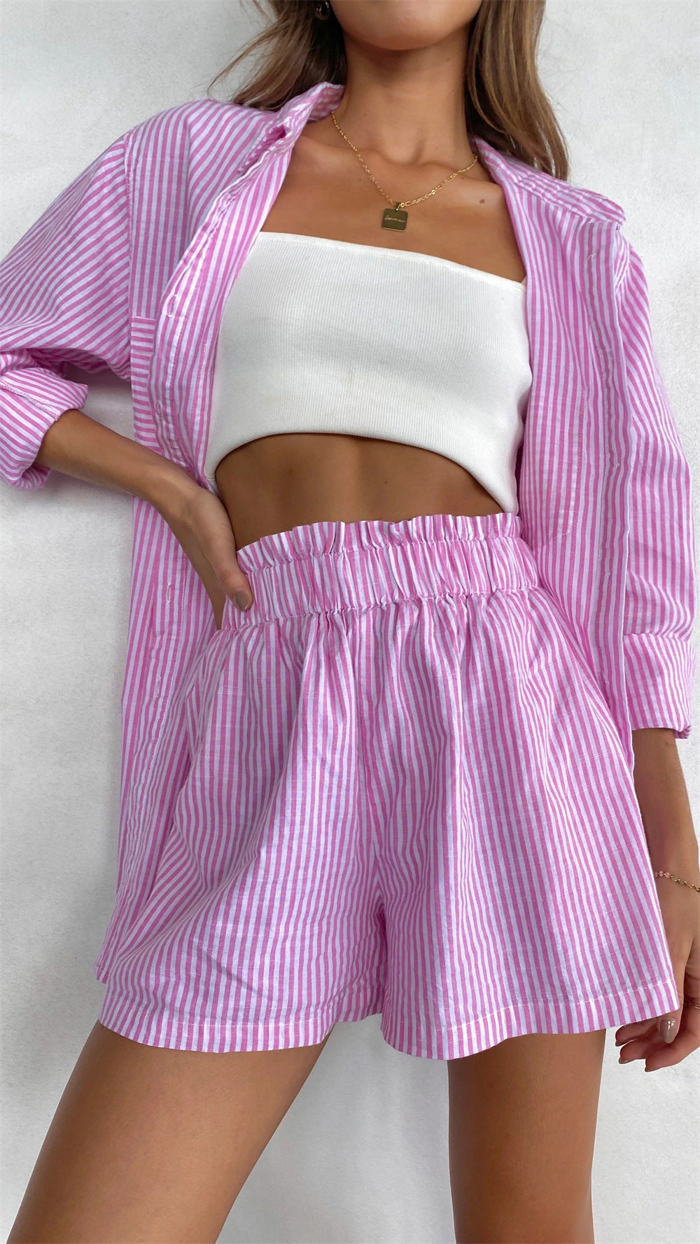 Women's Casual Long-sleeved Shirt And Shorts Two-piece Set