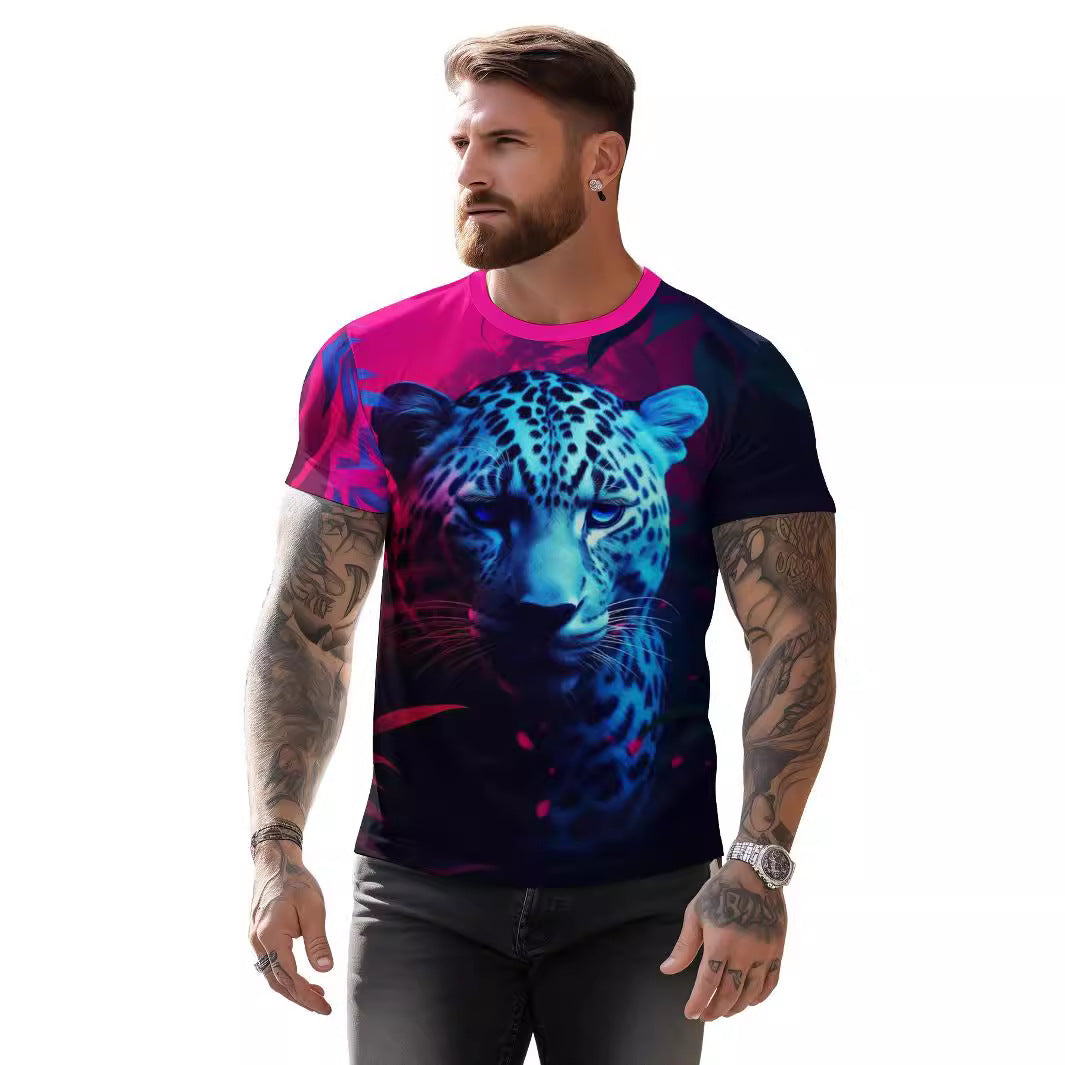 European And American 3D Printed Leopard Loose Men's Clothing Short Sleeve