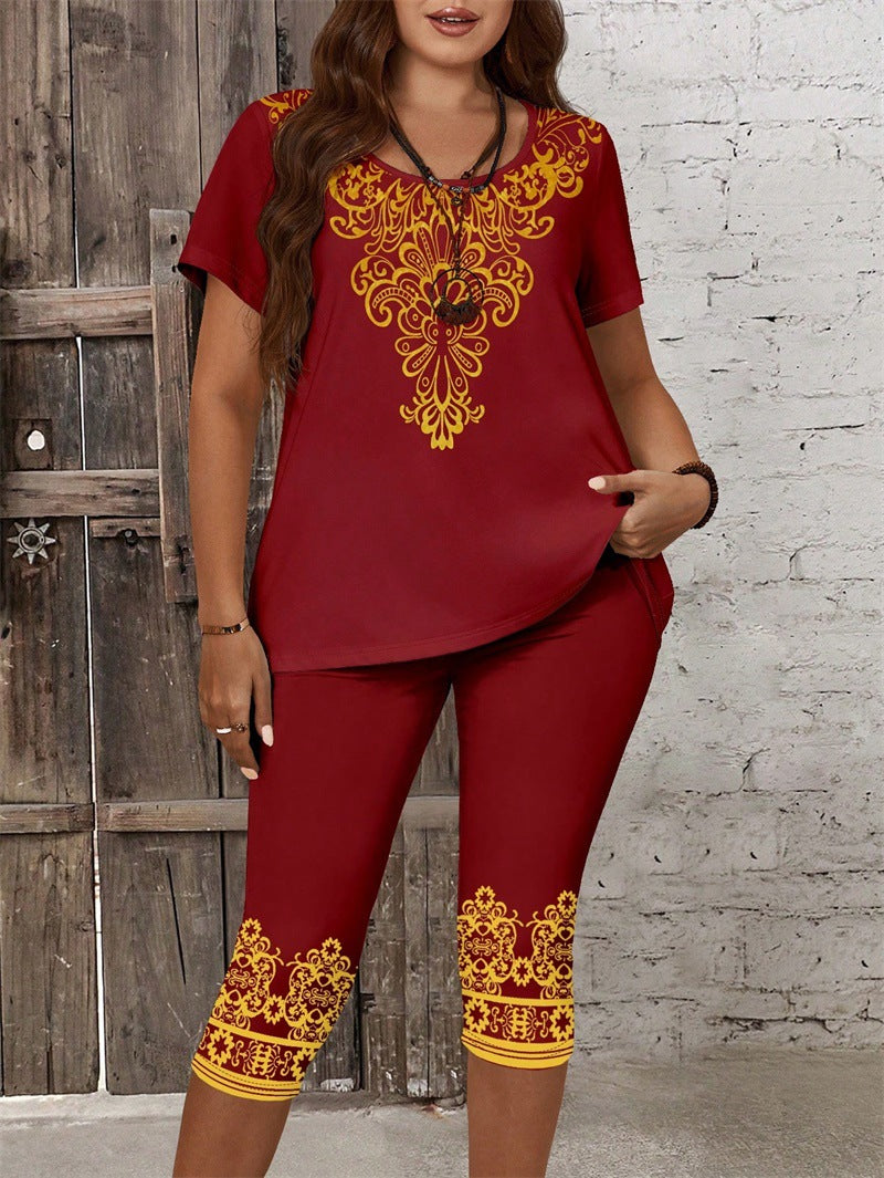 Plus Size Women's Two-piece Printed Round Neck Suit