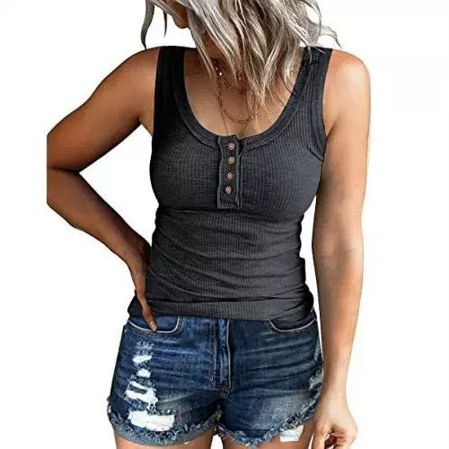 Women's Fashion Vest Summer Casual Camisole Slim Fit Henley Button Shirt