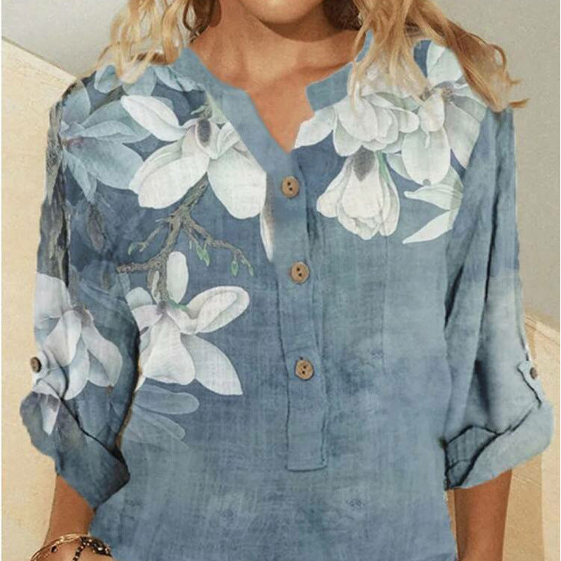 Female Flower Print Long Sleeve Shirt Top