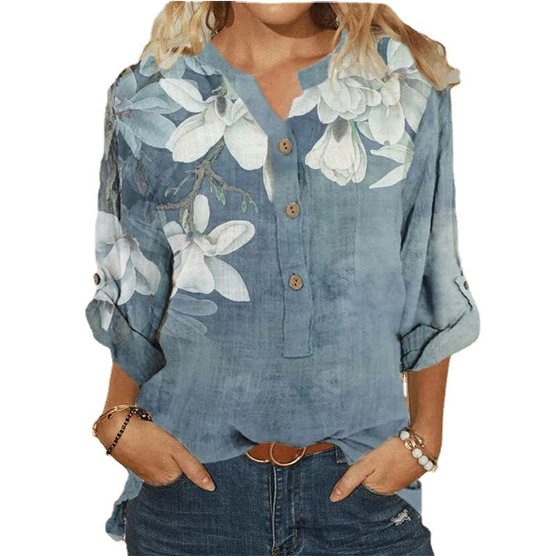 Female Flower Print Long Sleeve Shirt Top