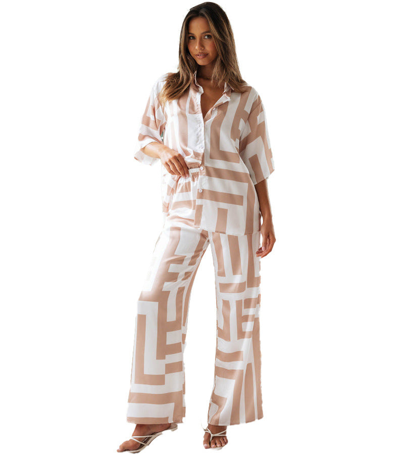 Women's Printing Lapel Short-sleeved Shirt Wide-leg Trousers Suit