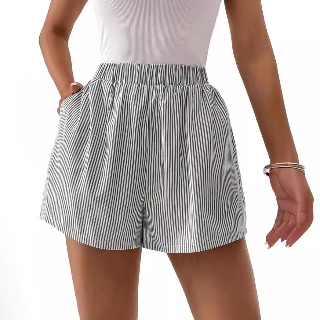 Fashion Women's Loose Back Patch Pocket Striped Shorts