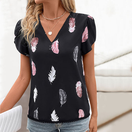 Women's Casual V-neck Feather Printed Shirt