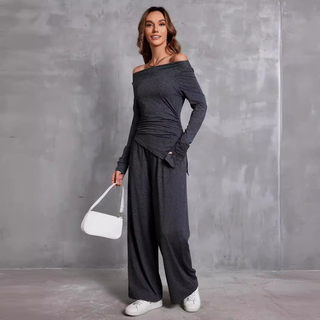 Long Sleeve T-shirt Elastic Waist Wide Leg Pants Two-piece Suit For Women