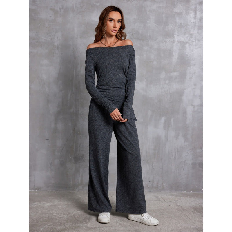 Long Sleeve T-shirt Elastic Waist Wide Leg Pants Two-piece Suit For Women