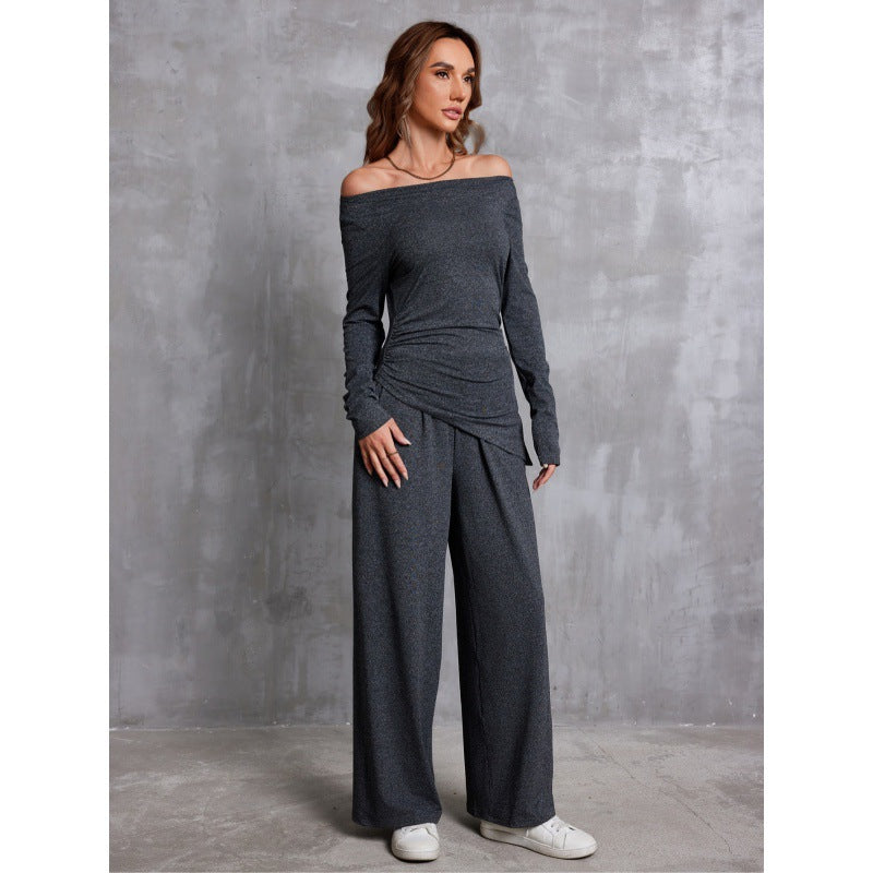 Long Sleeve T-shirt Elastic Waist Wide Leg Pants Two-piece Suit For Women